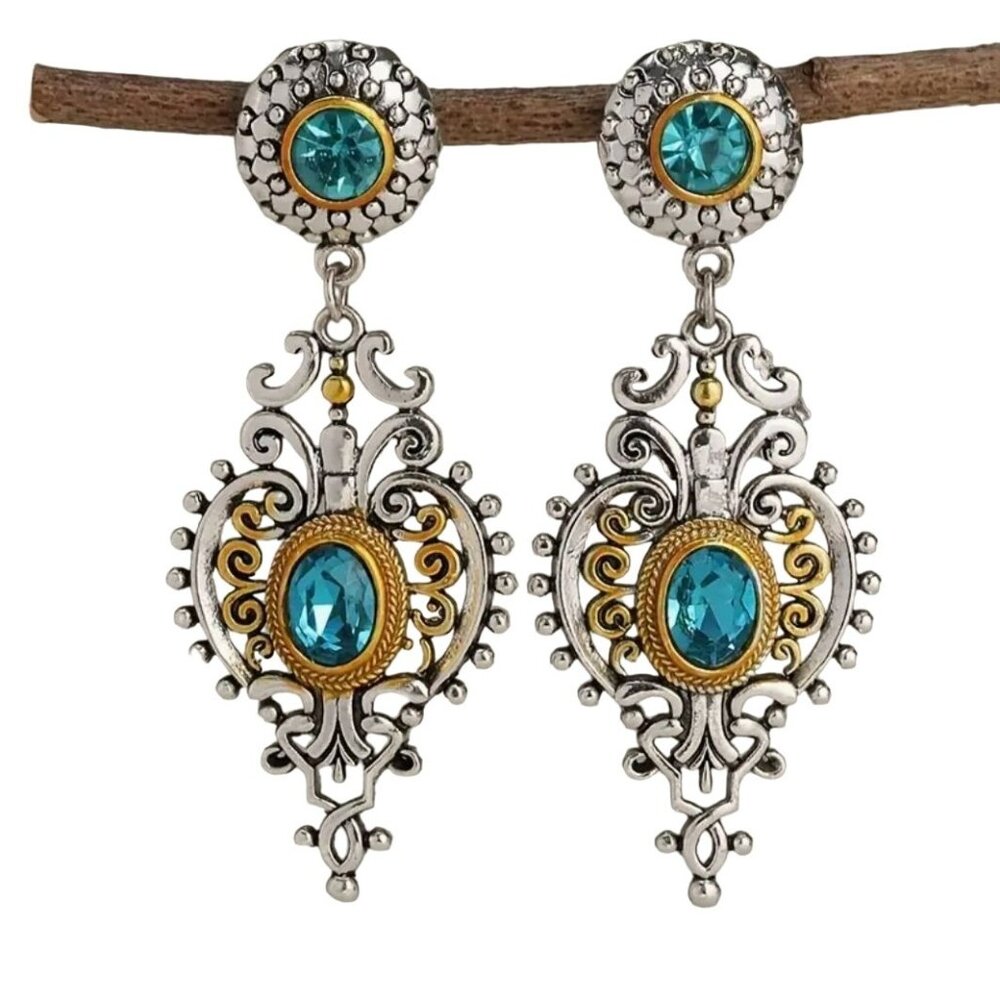 Victorian Style Blue Crystal Dangle Earrings Filigree Duel Tone